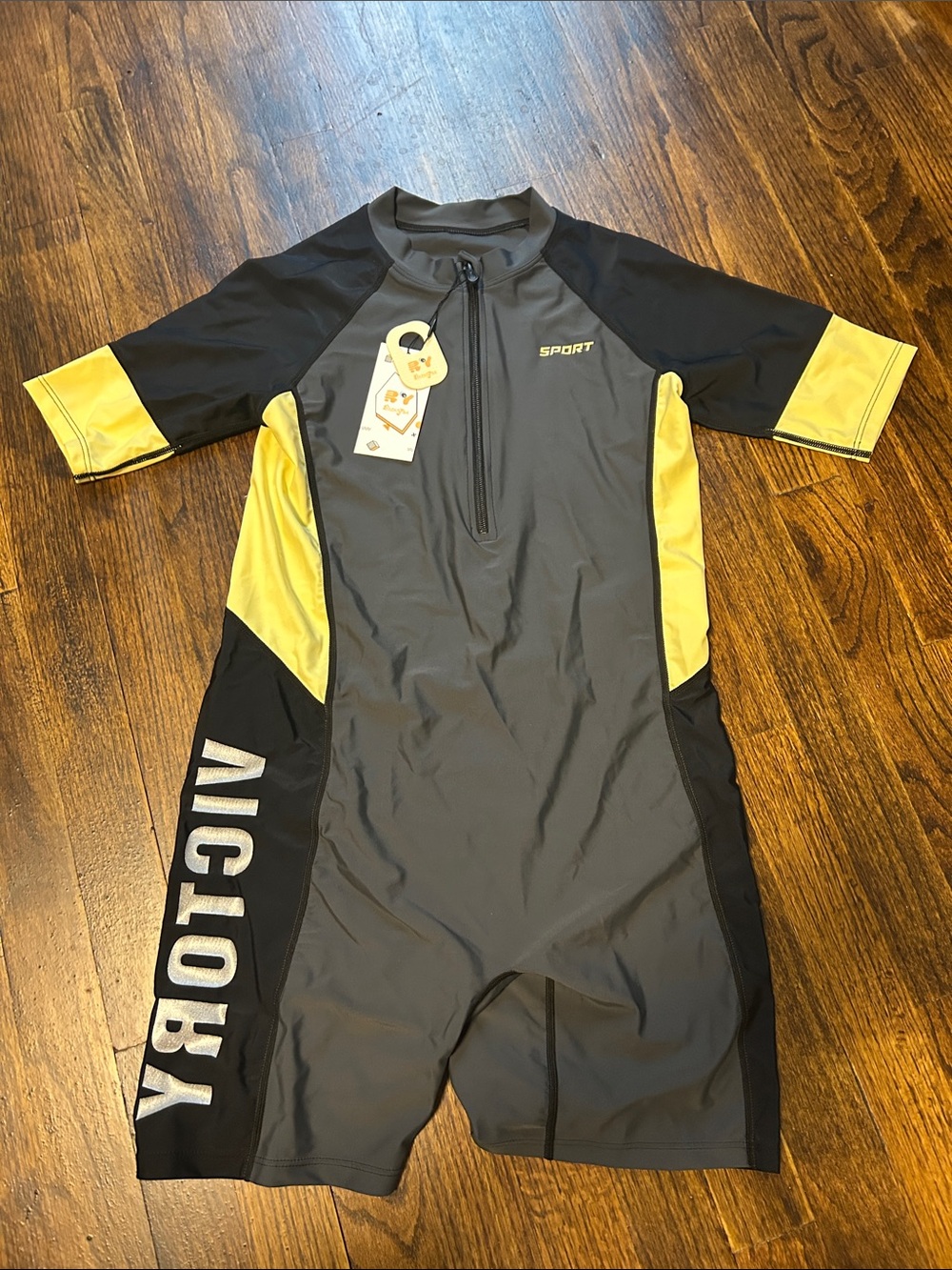 Kids Short-Sleeve One-Piece Swim Suit in Gray and Yellow - Sport
